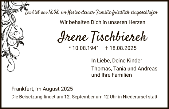 Traueranzeige von Irene Tischbierek von FNP
