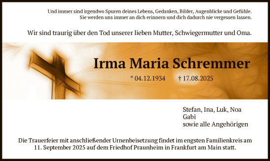Traueranzeige von Irma Maria Schremmer von FNP