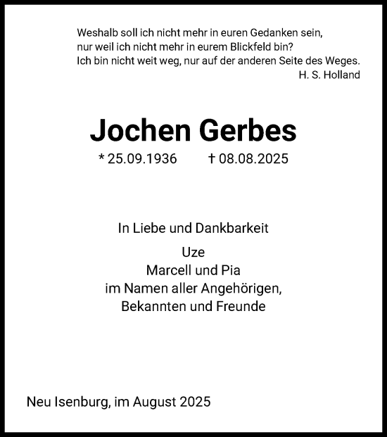Traueranzeige von Jochen Gerbes von FNP