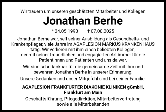 Traueranzeige von Jonathan Berhe von FNP