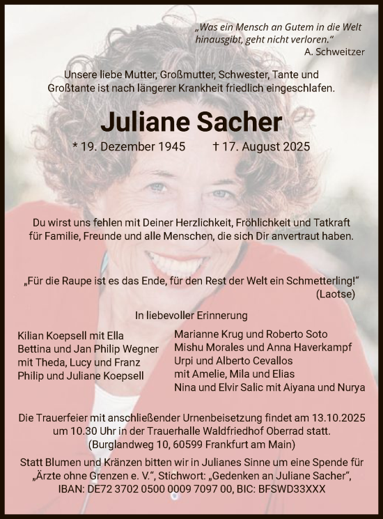 Traueranzeige von Juliane Sacher von FNP