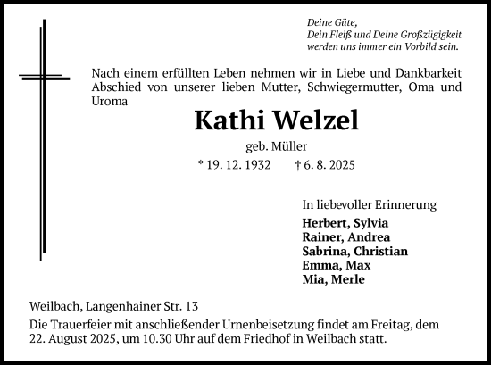 Traueranzeige von Kathi Welzel von FNP
