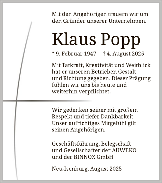Traueranzeige von Klaus Popp von FNP