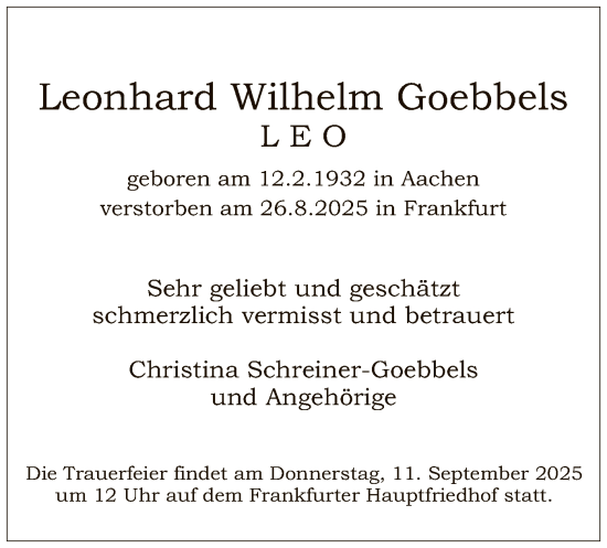 Traueranzeige von Leonhard Wilhelm Goebbels von FNP