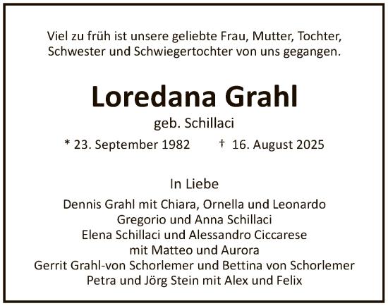 Traueranzeige von Loredana Grahl von FNP