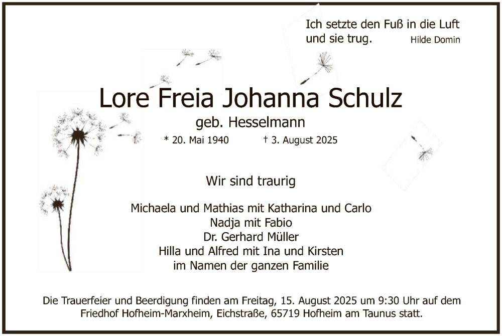  Traueranzeige für Lore Freia Johanna Schulz vom 09.08.2025 aus FNP