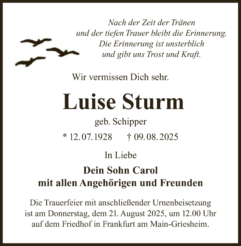  Traueranzeige für Luise Sturm vom 16.08.2025 aus FNP