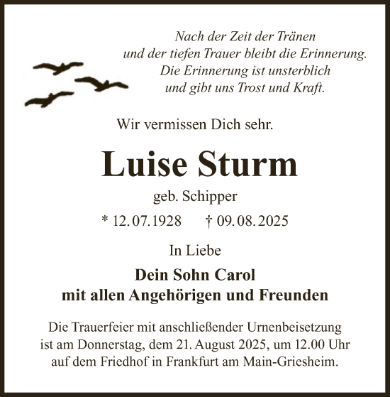 Traueranzeige von Luise Sturm von FNP