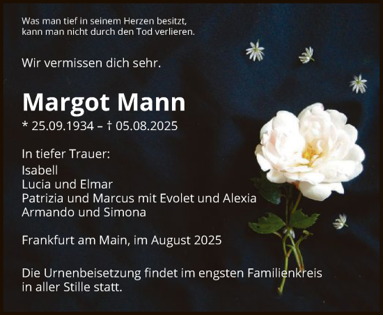 Traueranzeige von Margot Mann von FNP