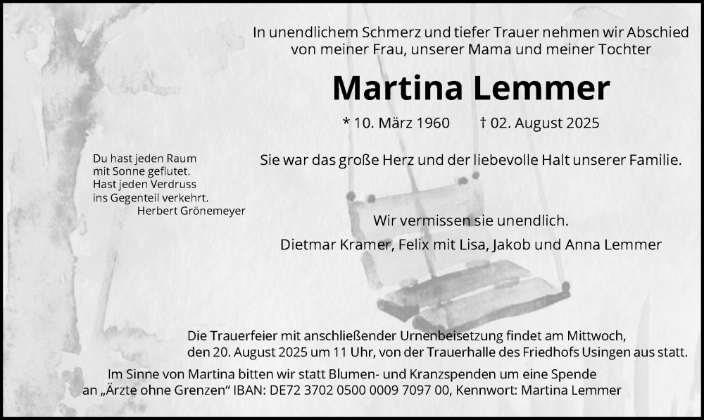 Traueranzeige für Martina Lemmer vom 16.08.2025 aus FNP