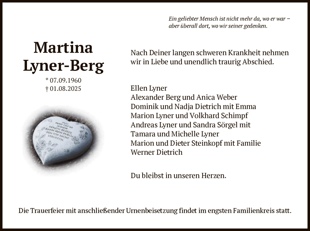  Traueranzeige für Martina Lyner-Berg vom 16.08.2025 aus FNP