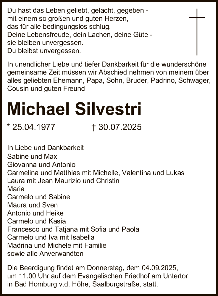  Traueranzeige für Michael Silvestri vom 30.08.2025 aus FNP