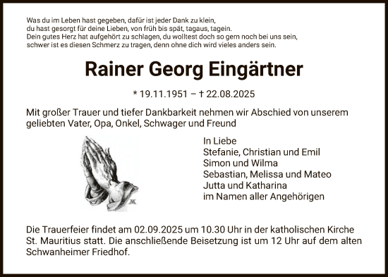 Traueranzeige von Rainer Georg Eingärtner von FNP