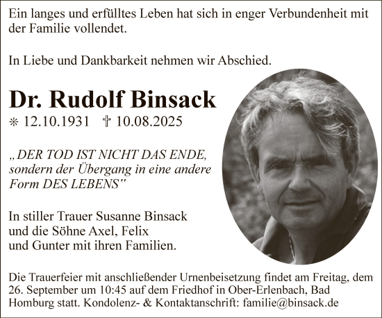 Traueranzeige von Rudolf Binsack von FNP