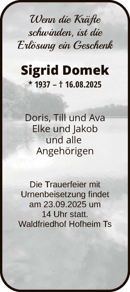 Traueranzeige von Sigrid Domek von FNP