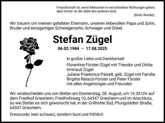 Traueranzeige von Stefan Zügel von FNP