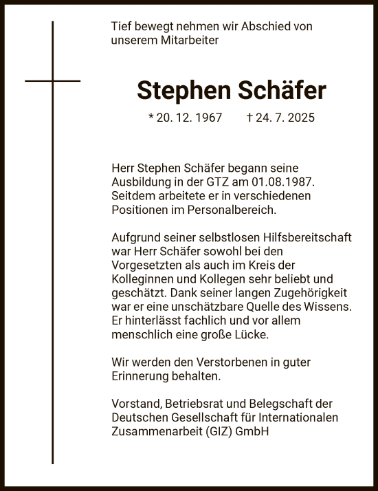 Traueranzeige von Stephen Schäfer von FNP