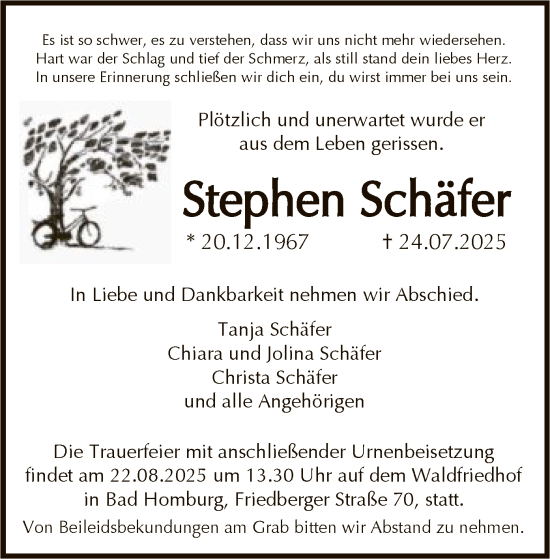 Traueranzeige von Stephen Schäfer von FNP