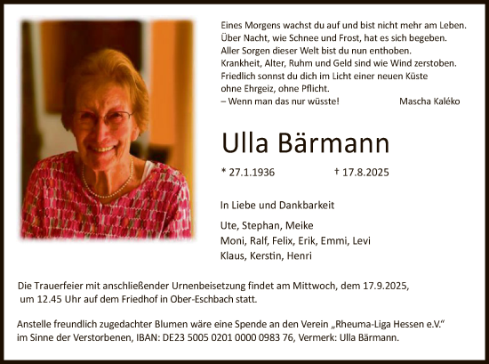 Traueranzeige von Ulla Bärmann von FNP