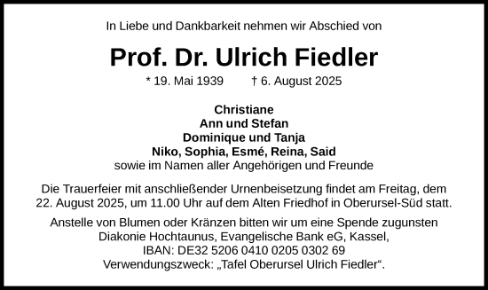 Traueranzeige von Ulrich Fiedler von FNP