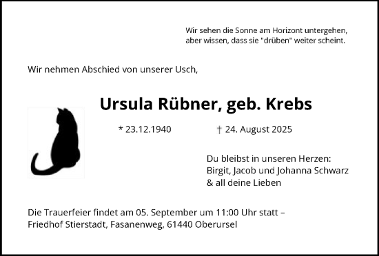 Traueranzeige von Ursula Rübner von FNP
