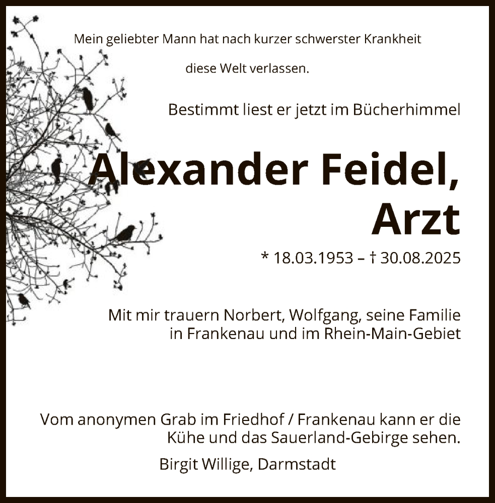  Traueranzeige für Alexander Feidel vom 13.09.2025 aus FNP