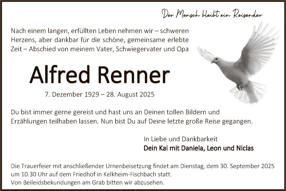  Traueranzeige für Alfred Renner vom 27.09.2025 aus FNP
