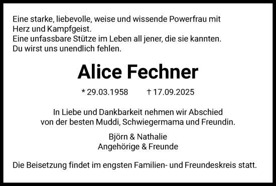 Traueranzeige von Alice Fechner von FNP