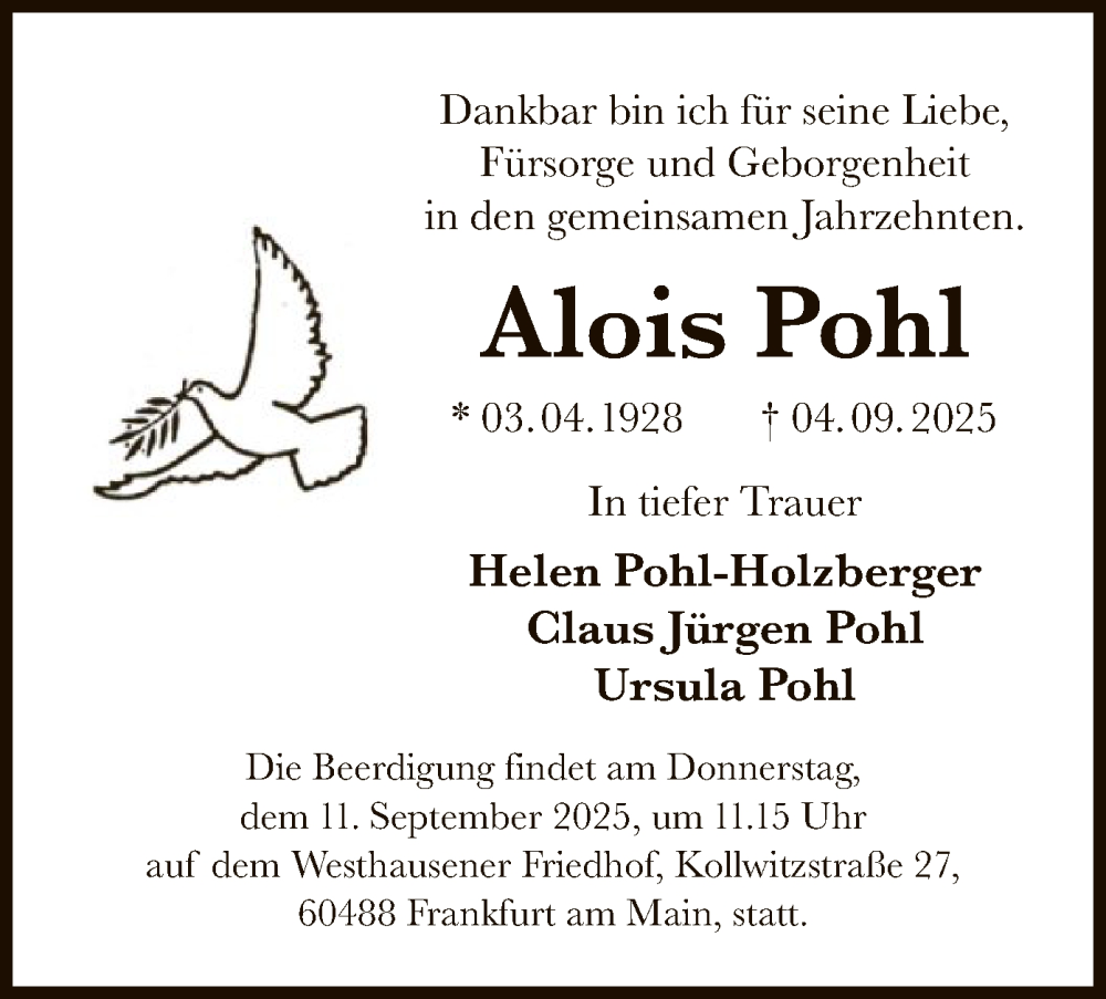  Traueranzeige für Alois Pohl vom 09.09.2025 aus FNP