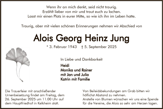 Traueranzeige von Alois Georg Heinz Jung von FNP