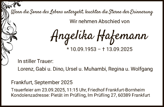 Traueranzeige von Angelika Hafemann von FNP