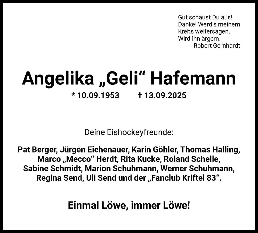  Traueranzeige für Angelika Hafemann vom 17.09.2025 aus FNP