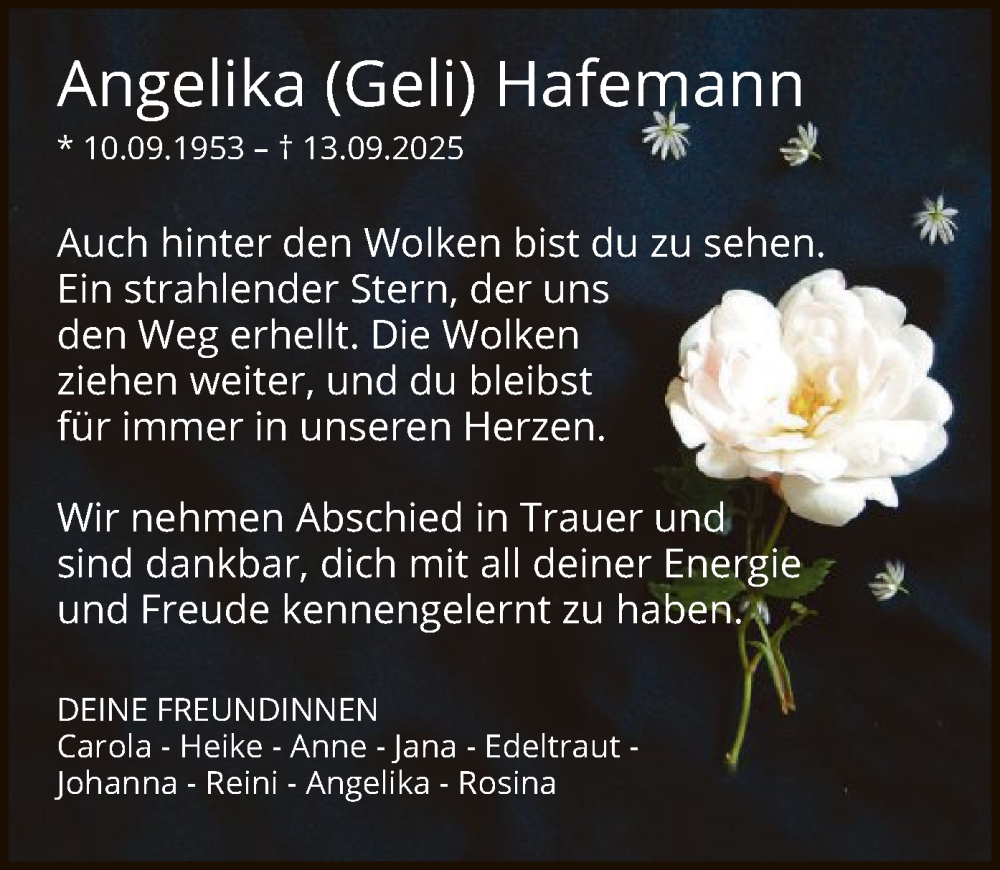  Traueranzeige für Angelika Hafemann vom 27.09.2025 aus FNP