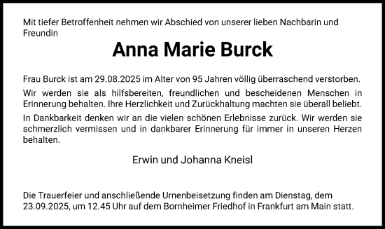 Traueranzeige von Anna Marie Burck von FNP