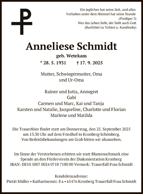 Traueranzeige von Anneliese Schmidt von FNP