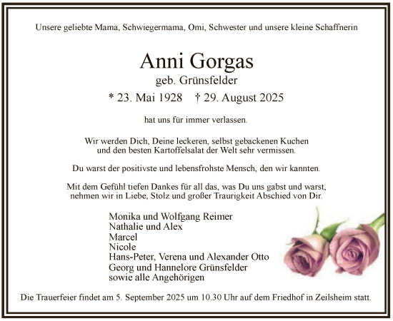 Traueranzeige von Anni Gorgas von FNP