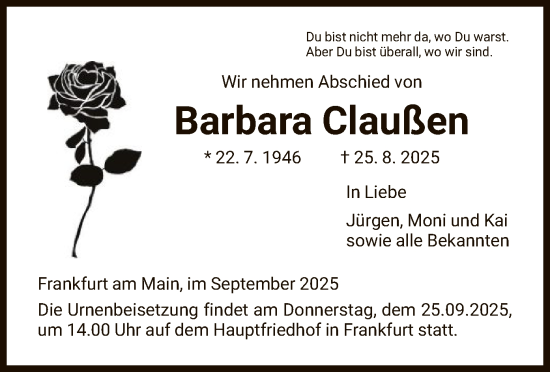 Traueranzeige von Barbara Claußen von FNP