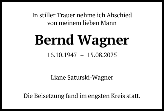 Traueranzeige von Bernd Wagner von FNP