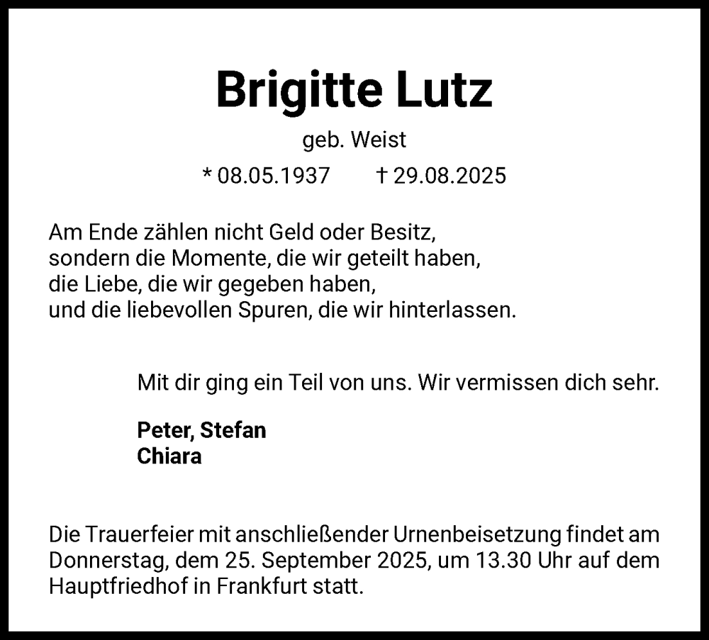  Traueranzeige für Brigitte Lutz vom 20.09.2025 aus FNP