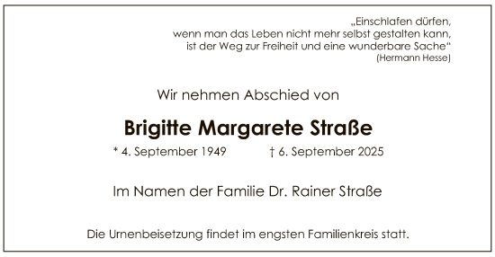 Traueranzeige von Brigitte Margarete Straße von FNP
