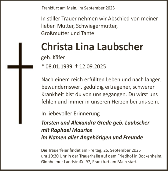 Traueranzeige von Christa Lina Laubscher von FNP