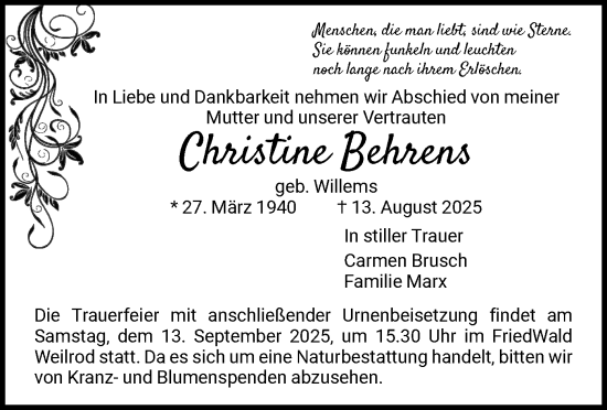 Traueranzeige von Christine Behrens von FNP