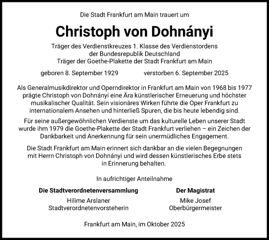 Traueranzeige von Christoph von Dohnänyi von FNP