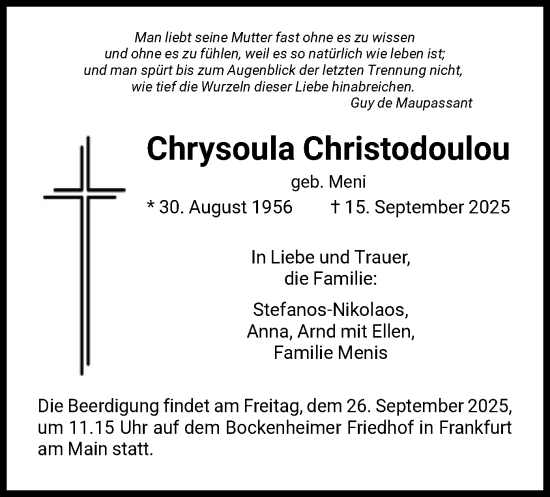 Traueranzeige von Chrysoula Christodoulou von FNP