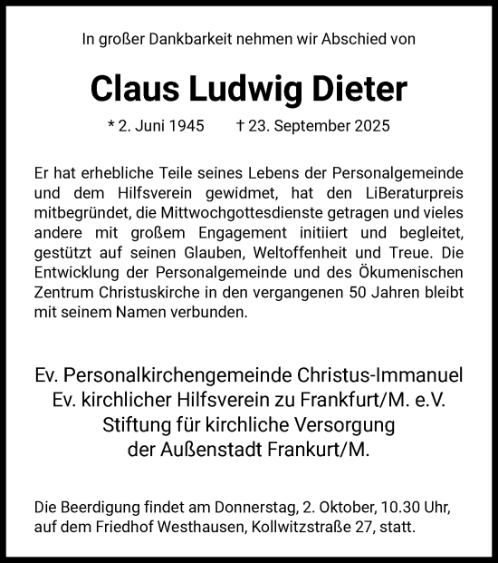 Traueranzeige von Claus Ludwig Dieter von FNP