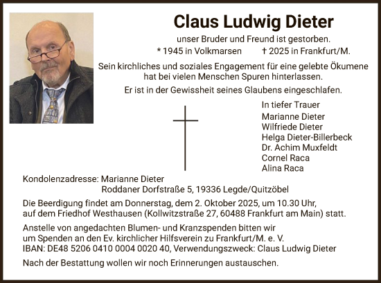 Traueranzeige von Claus Ludwig Dieter von FNP