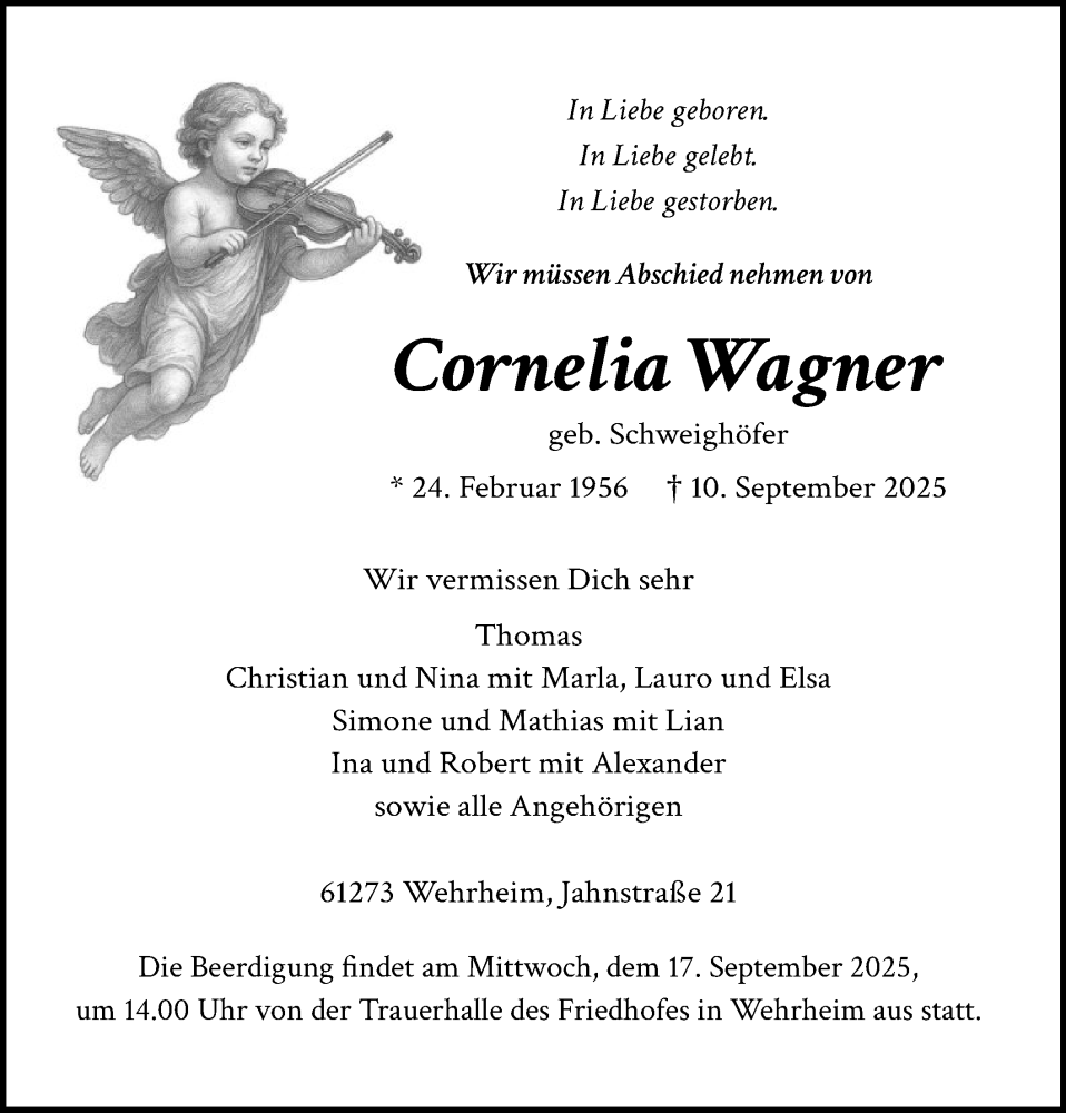  Traueranzeige für Cornelia Wagner vom 13.09.2025 aus FNP