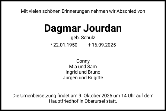 Traueranzeige von Dagmar Jourdan von FNP