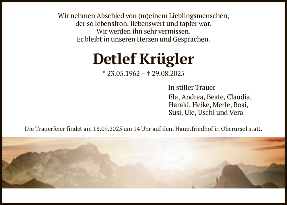  Traueranzeige für Detlef Krügler vom 06.09.2025 aus FNP