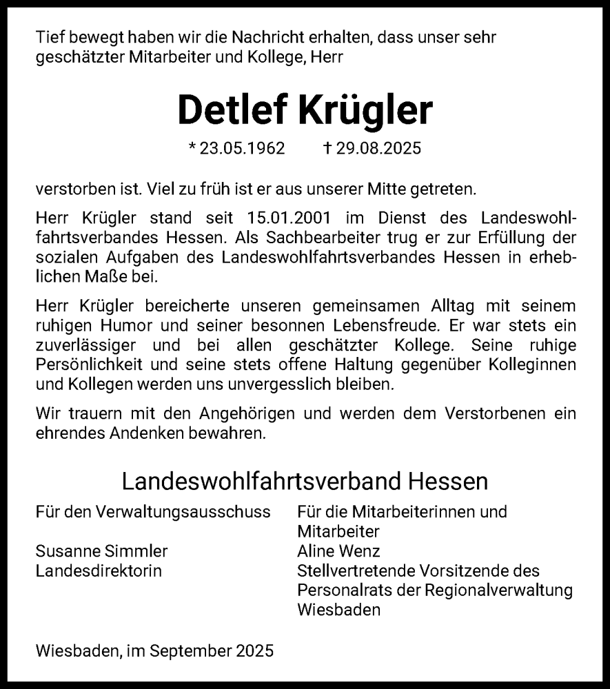  Traueranzeige für Detlef Krügler vom 19.09.2025 aus FNP